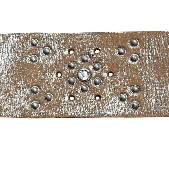 Aeropostale Western Studded Rhinestone Leather Belt Sz S Tan Metallic Silver‎ - Picture 2 of 11
